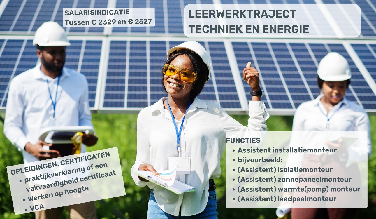 3 mensen staan voor zonnenpanelen om leerwerktraject Techniek en Energie uit te beelden